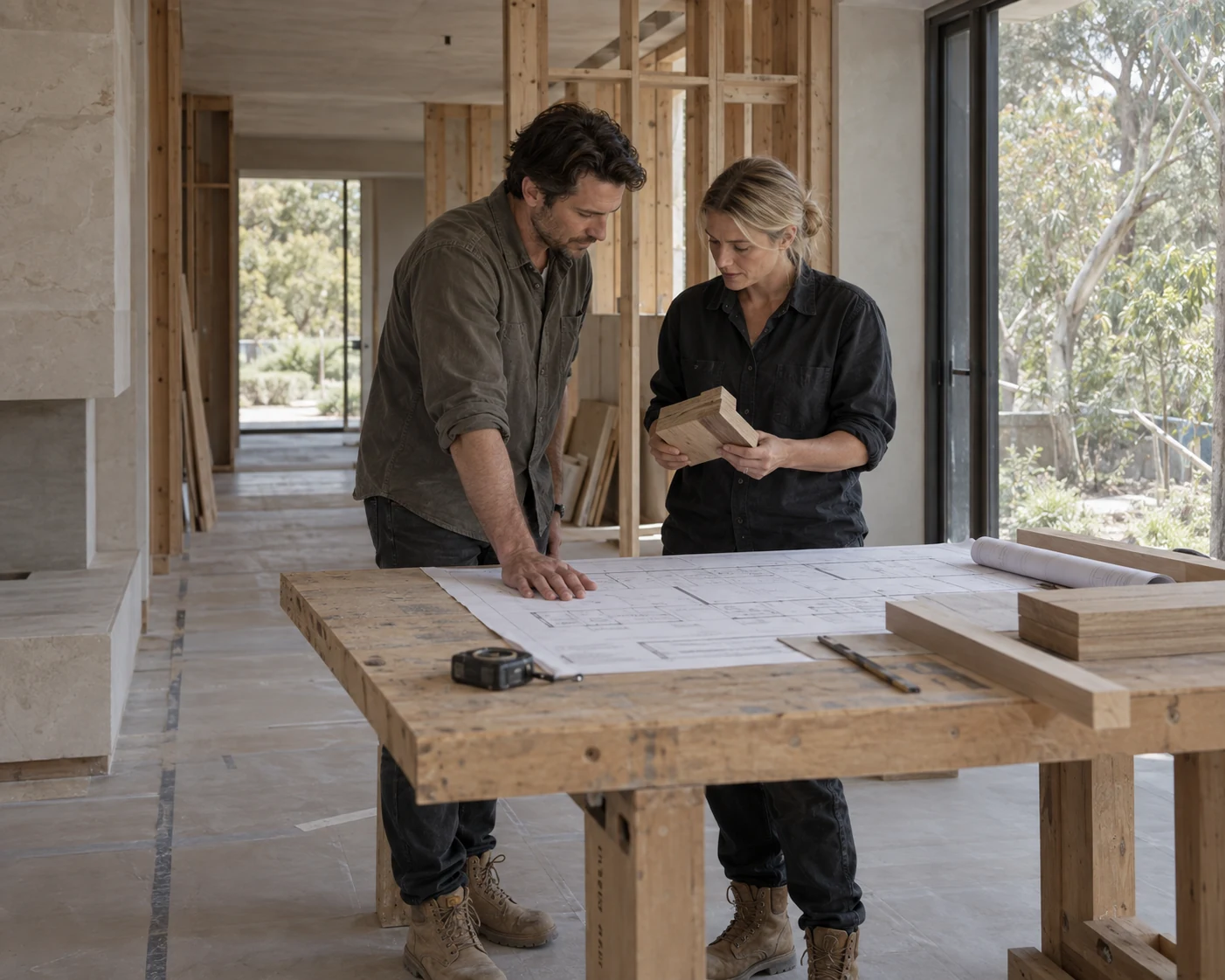Two building professionals reviewing drawings and a timber junction sample on site