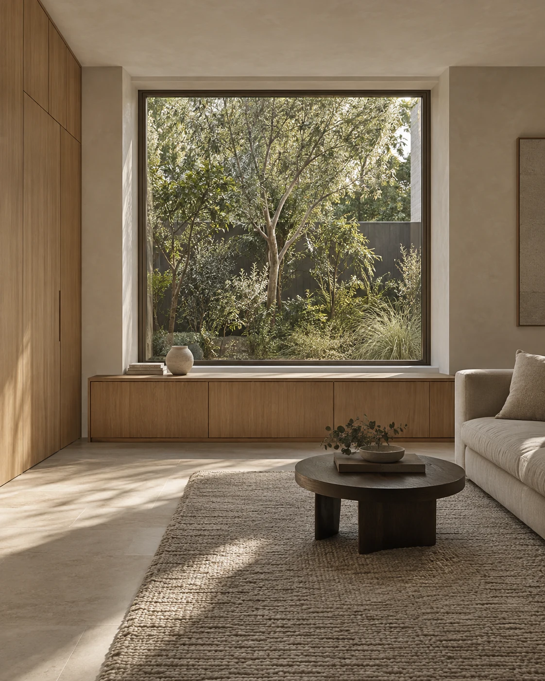 Armadale House living space with limestone floors, oak joinery and a deep window reveal