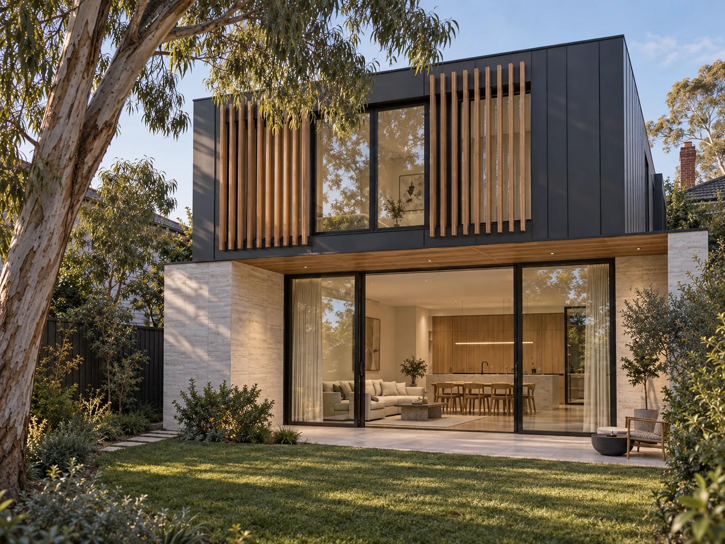 Brighton Residence in afternoon light, with oak screening, deep eaves and limestone walls