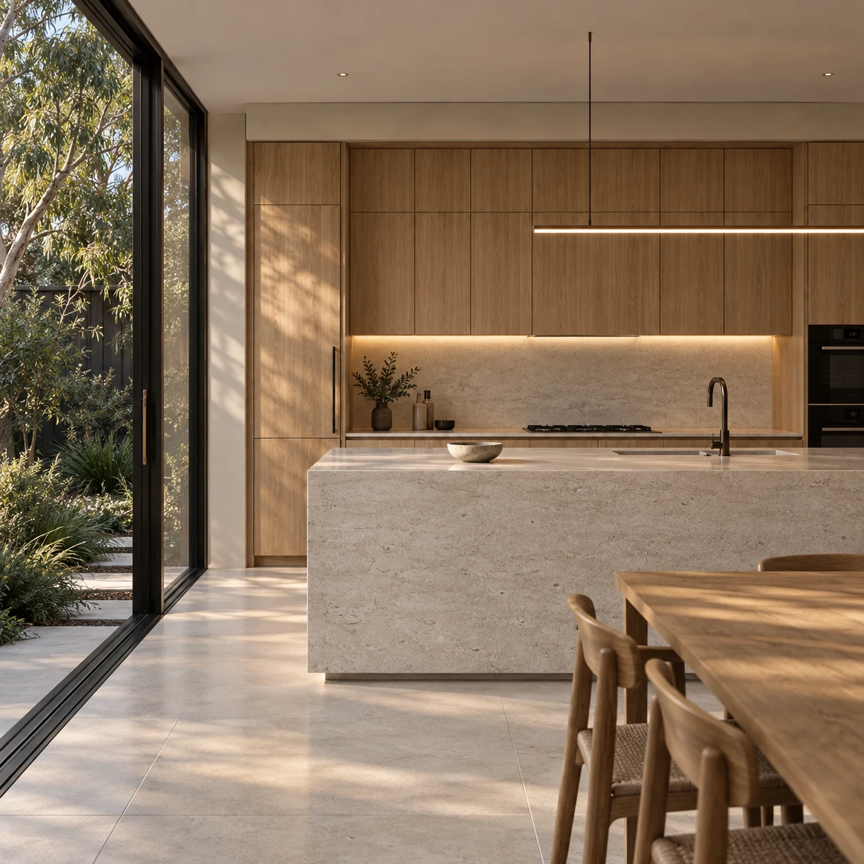 Kitchen with honed limestone bench, integrated oak joinery and a concealed shadow-line detail