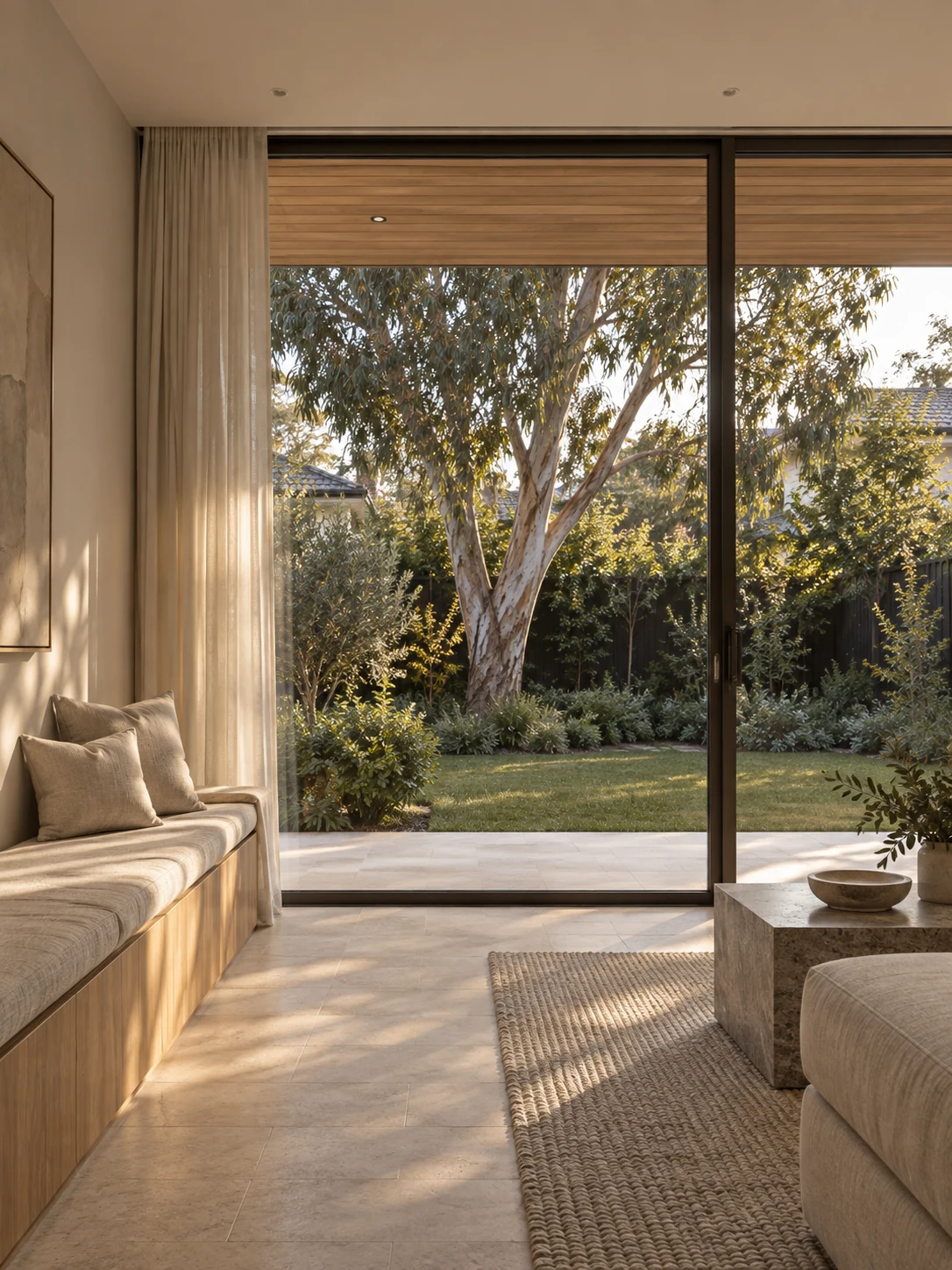 Living space with a long window seat, linen upholstery and a framed view to the garden