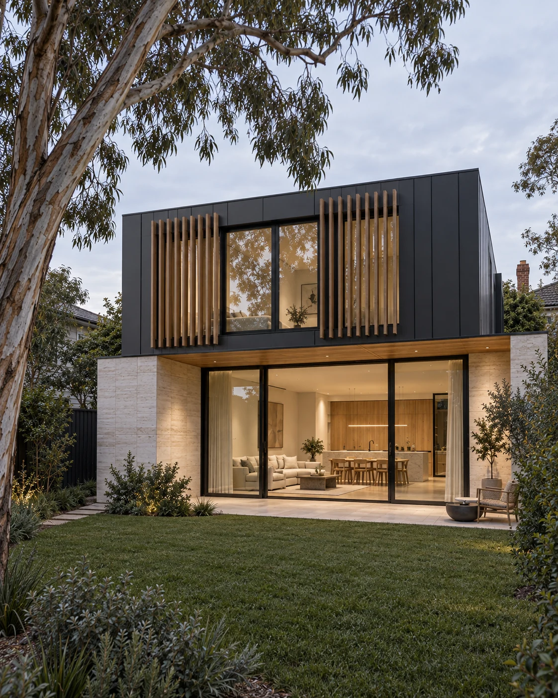 Brighton residence with charcoal zinc cladding, oak screening and limestone piers opening to a garden