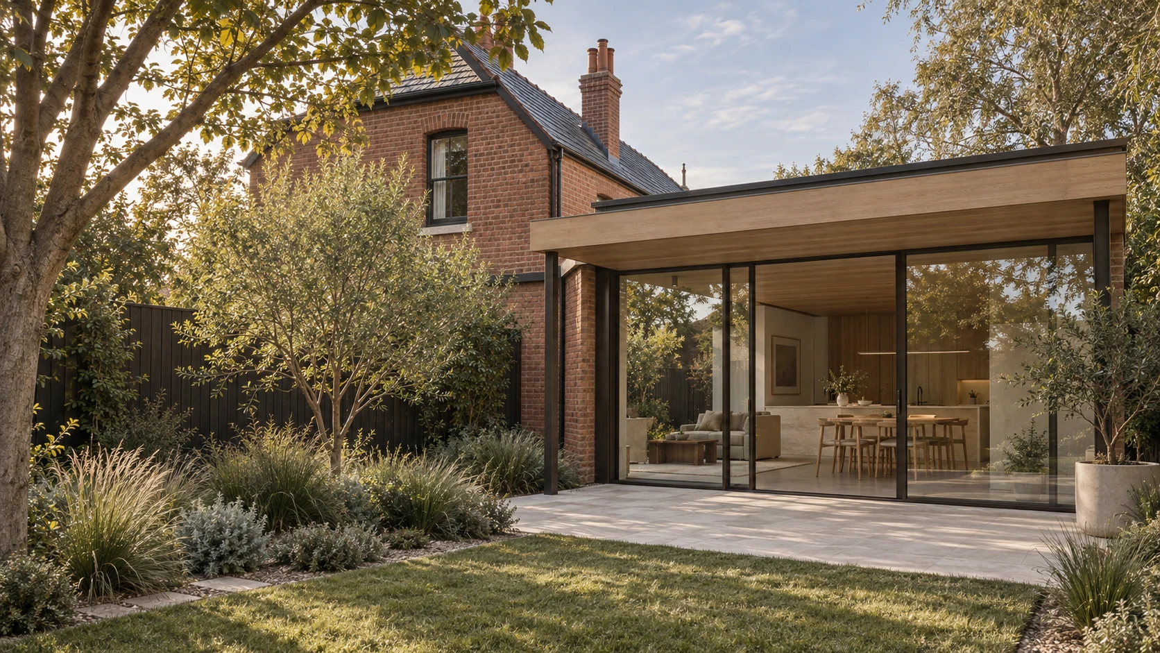 Hawthorn House in late-afternoon light, with a timber-lined extension beside the original brick house