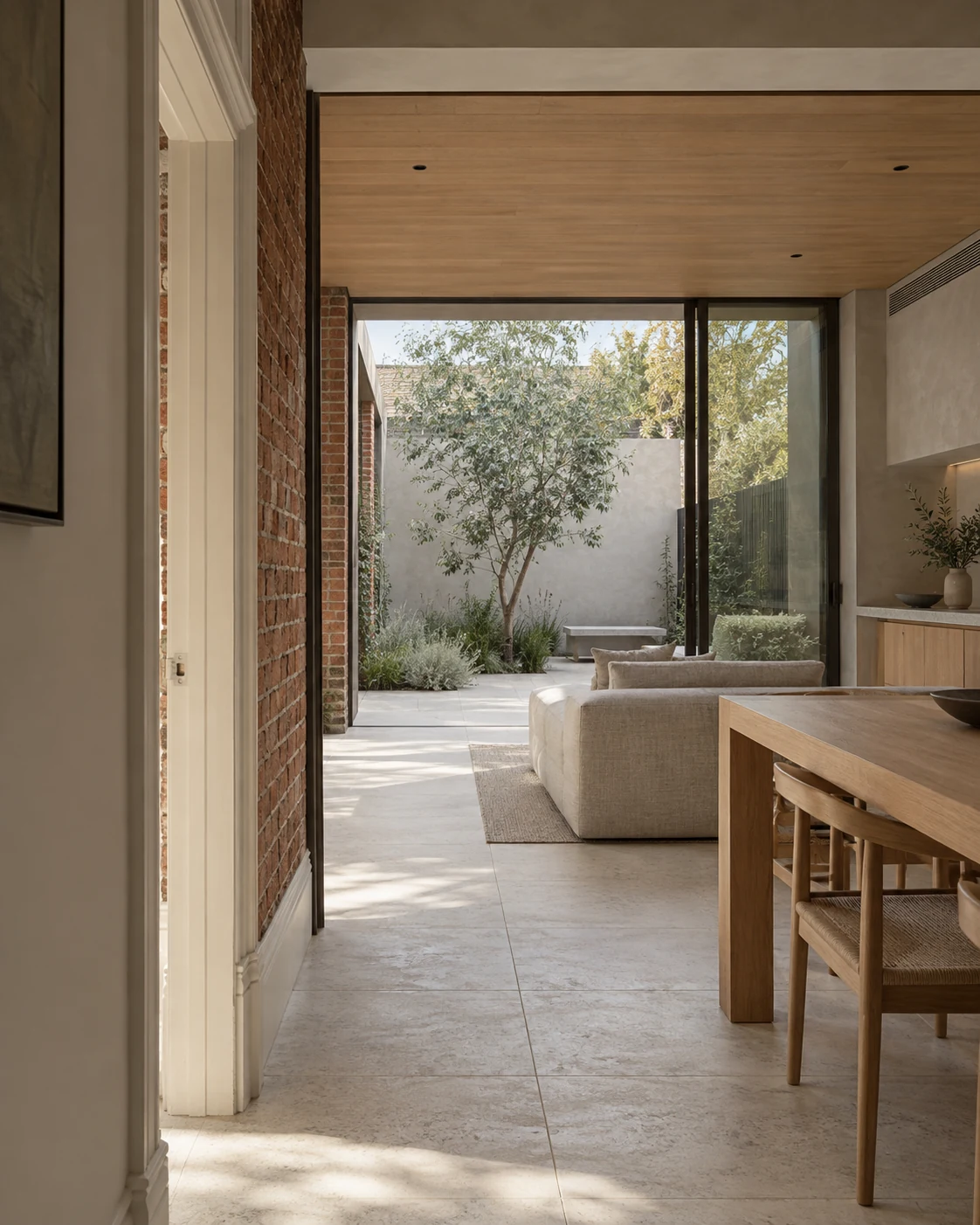 Interior of the Hawthorn House extension with limestone floors and full-height glass to a courtyard
