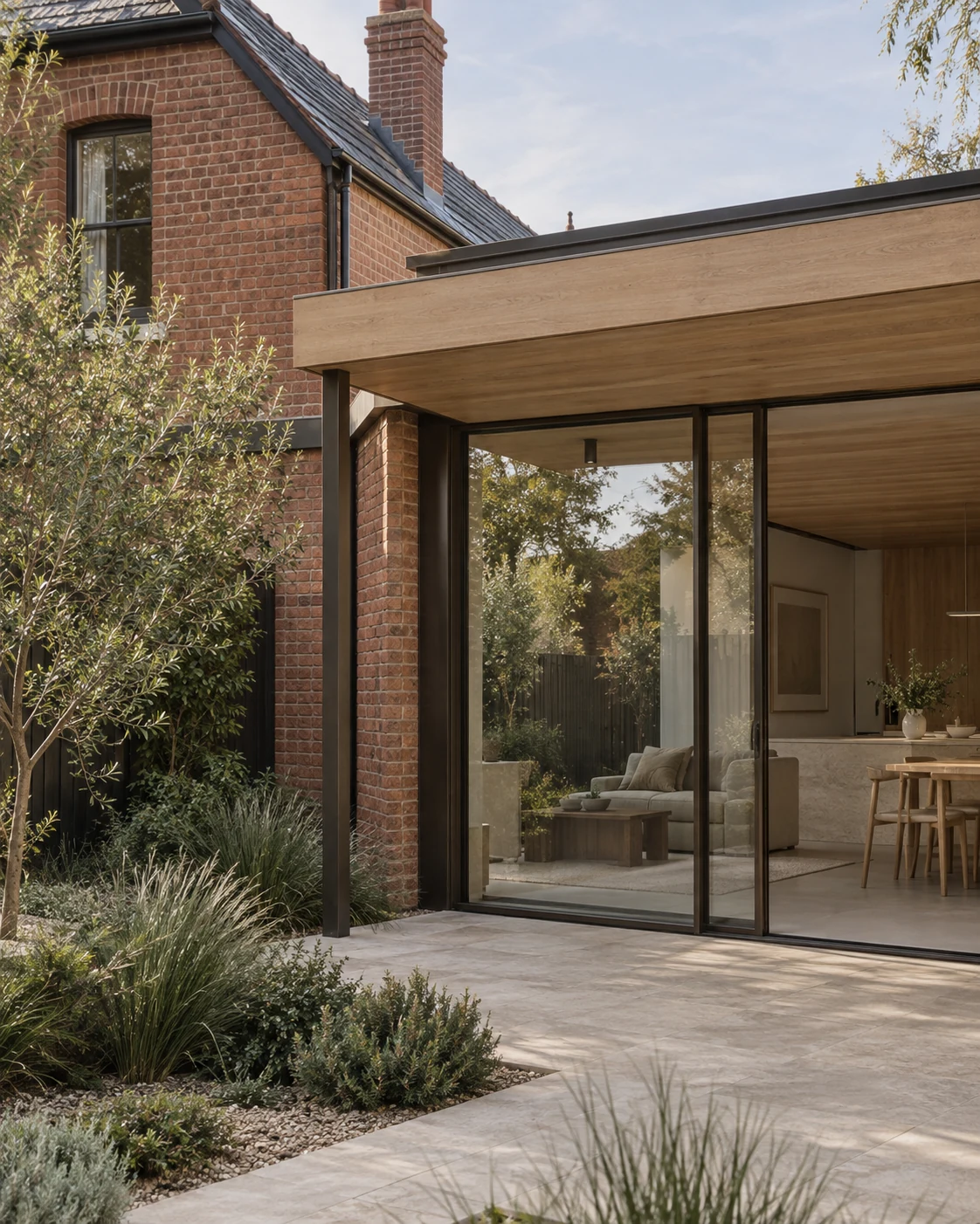 Oak and glass extension joined to an original red-brick house, with limestone paving and native planting