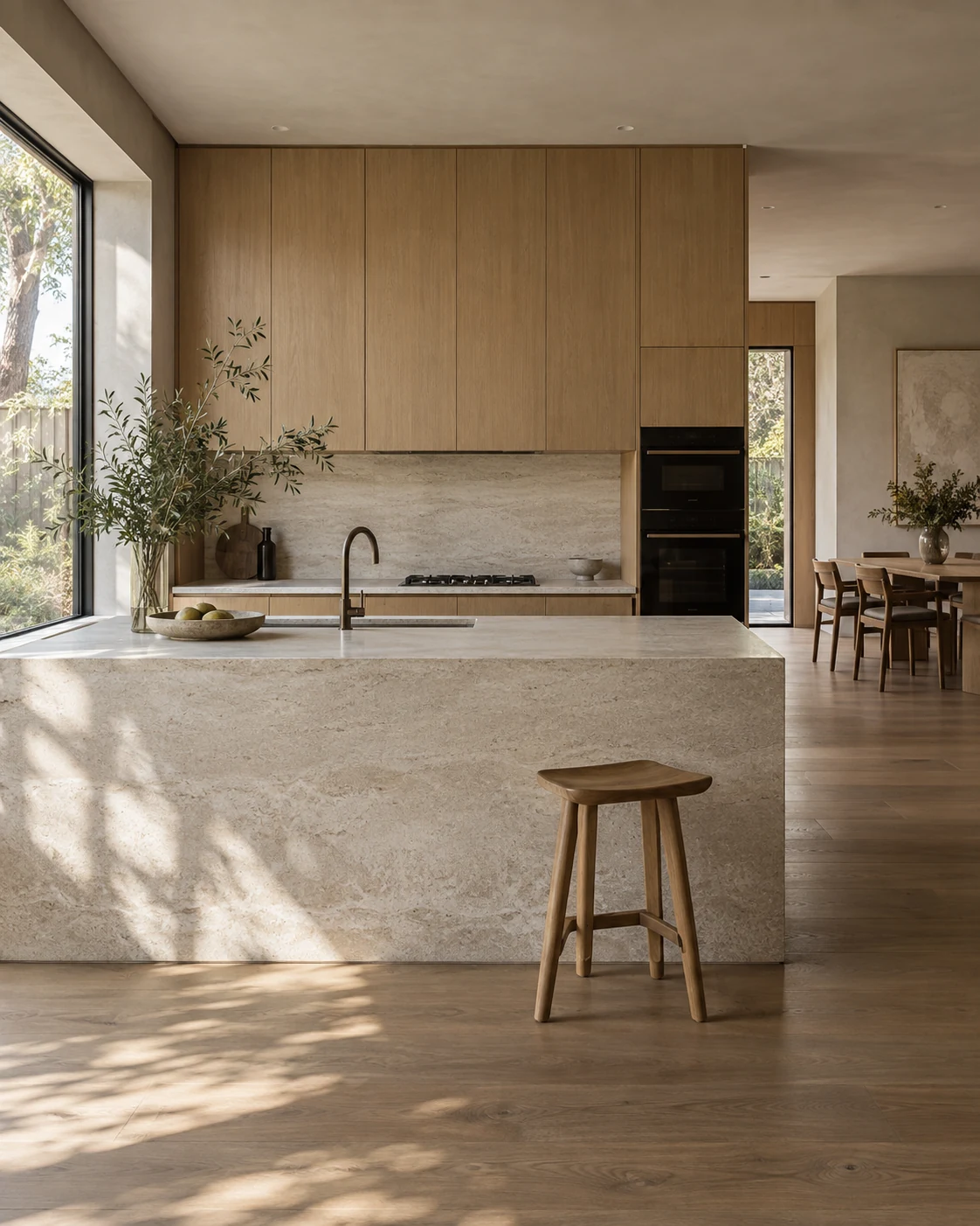 Interior transformation with a stone island bench, integrated joinery and natural light
