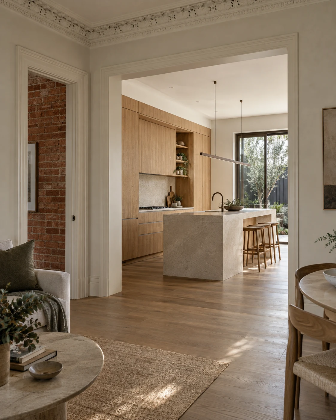 Renovated interior with restored period ceiling and a new open-plan kitchen
